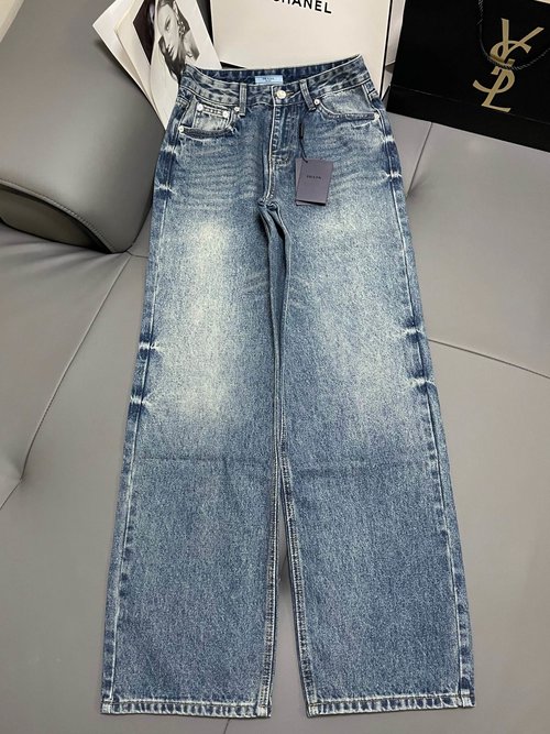 Prada Blue Straight-Leg Jeans with Classic Triangle Logo, Comfortable and Stylish