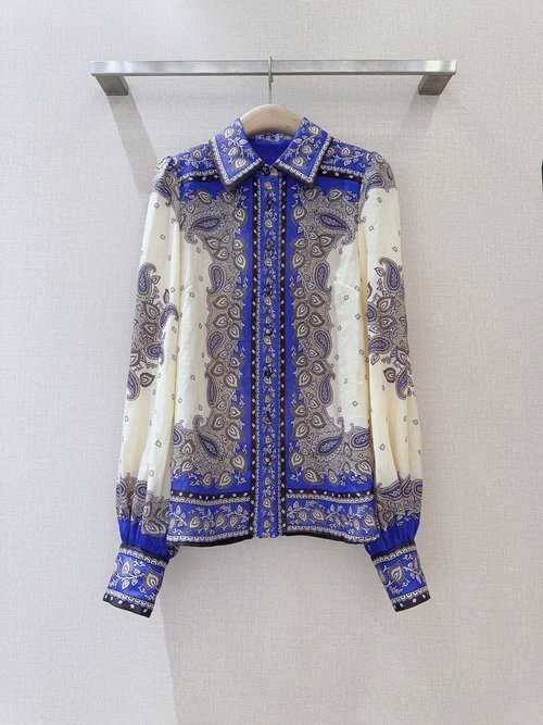 Zimmermann Purple Paisley Ramie Shirt with Lantern Sleeves