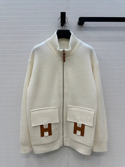Hermes Mid-Length Cashmere Knit Zip Jacket with H-Button & Leather Pocket