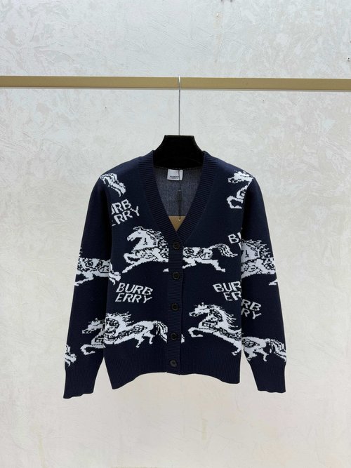 Burberry Distinguished Warhorse V-Neck Knit Long Sleeve Cardigan in White, Red, and Blue