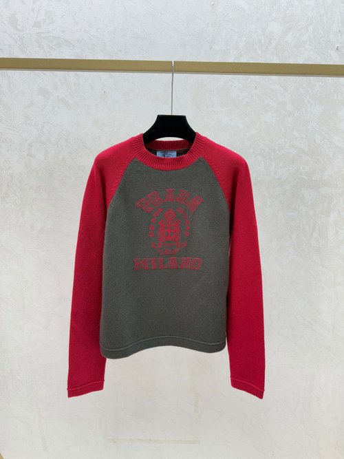 Prada Red & Grey Color-blocked Letter Jacquard Round Neck Long Sleeve Top