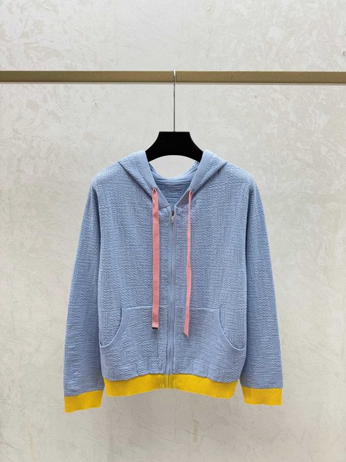 Fendi Color-blocked Vintage Logo Hooded Long Sleeve Knit Cardigan in Pink & Blue