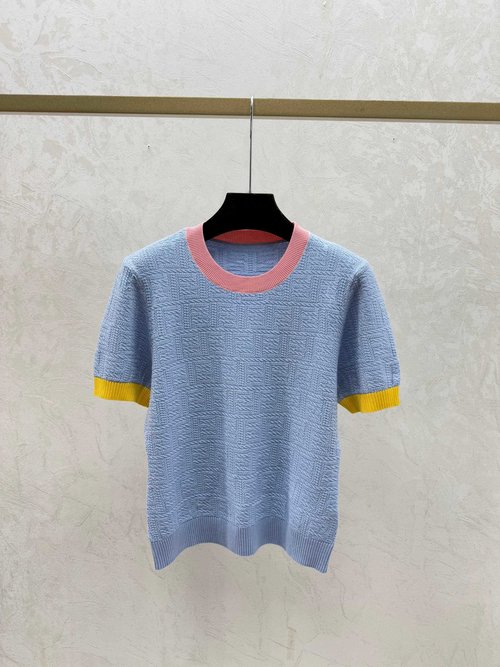 Fendi Color-blocked Vintage Logo Round-neck Short Sleeve Knit in Pink & Blue