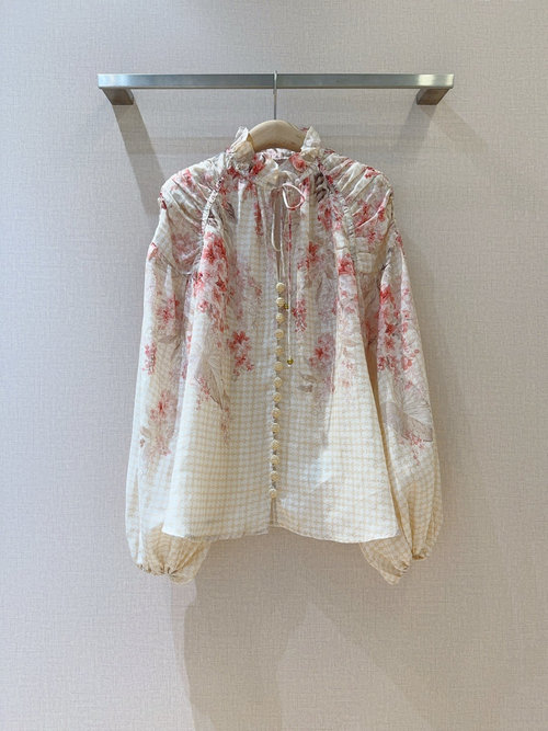 Zimmermann Coral Floral Ramie Shirt with Ruffled Collar and Lacing