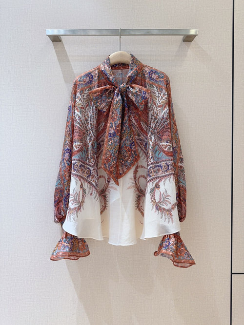 Zimmermann Cream Paisley Patterned Long Sleeve Shirt with Collar Tie and Cape Style