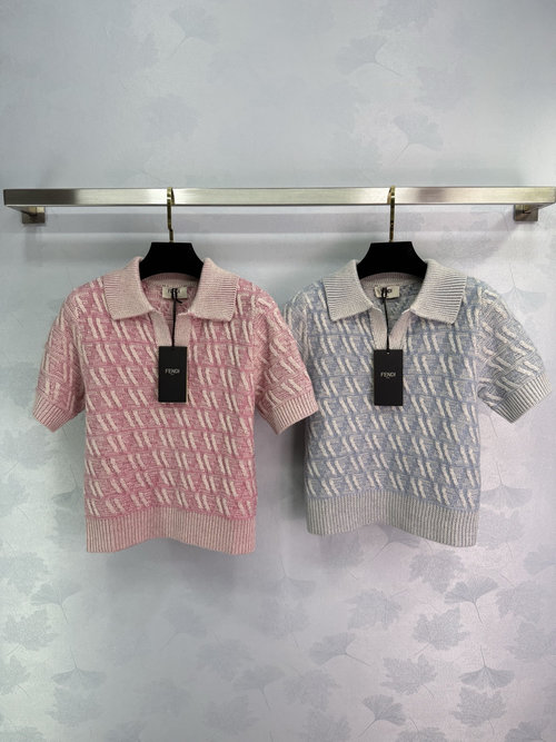 Fendi Milk Tea Color Floral Knitted Collar Short Sleeve