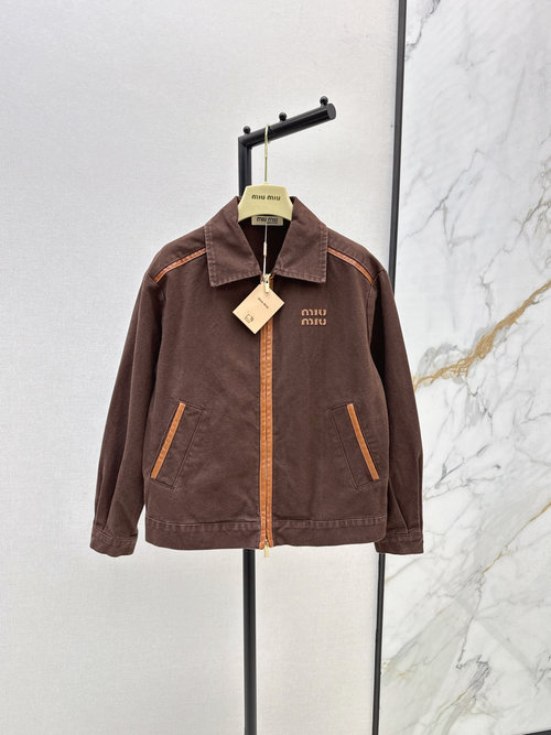 Miu Miu Denim Jacket with Leather Trim and Logo Embroidery, Fashionable