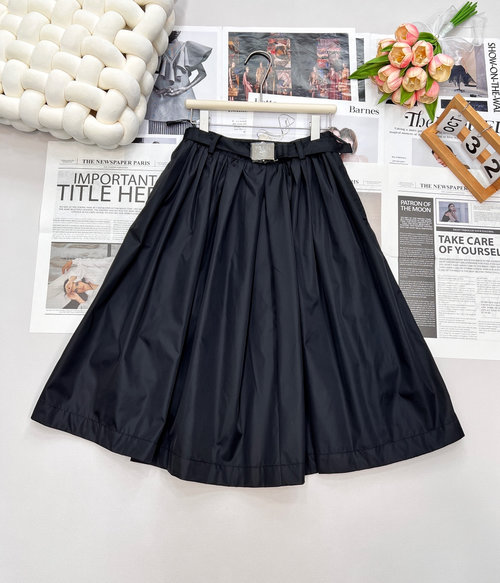 Prada High-waisted Belted Pleated Skirt with Metal Buckle