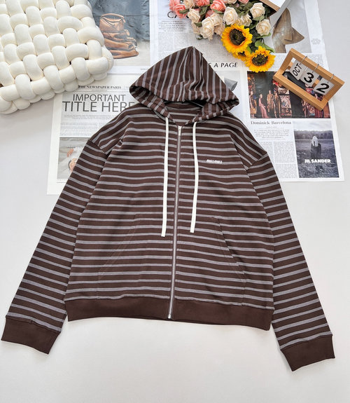 Miu Miu Cocoa Brown Striped Zip-up Hoodie with Vintage Logo Charm