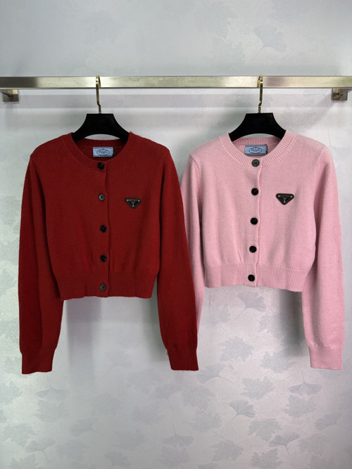 Prada Imported Wool Blend Round Neck Cardigan with Triangle Logo, Tailored Fit