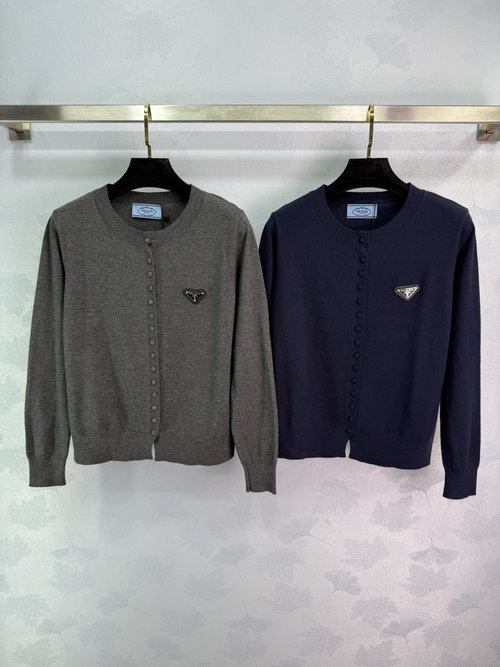 Prada Solid Color Knit Round-Collar Long-Sleeve Cardigan