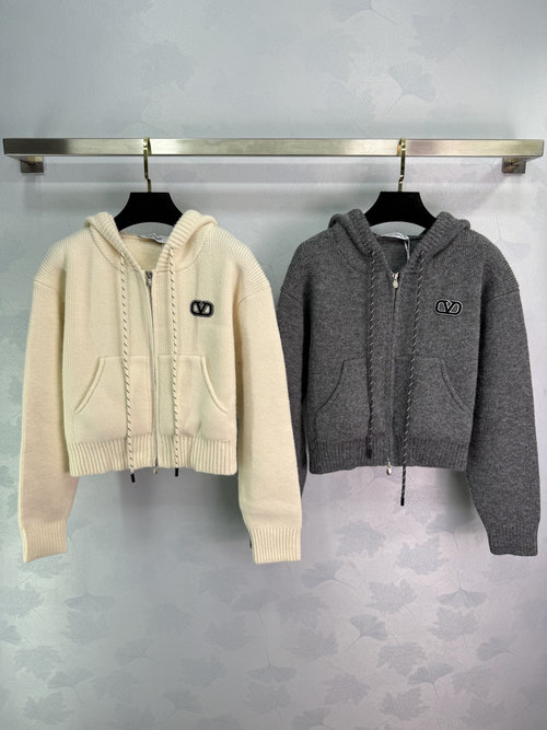 Valentino Classic V-Logo Embroidery Hooded Knit Cardigan in Wool Blend