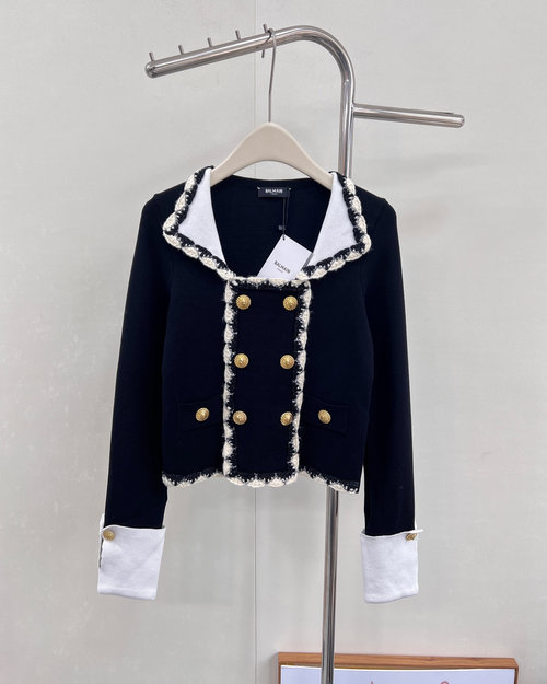 Balmain Double-Breasted Collared Knitted Cardigan with Minimalist Color Blocking