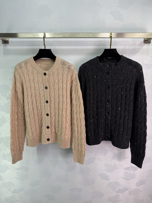 Brunello Cucinelli Twisted Stitch Knitted Round-Neck Cardigan with Sequins