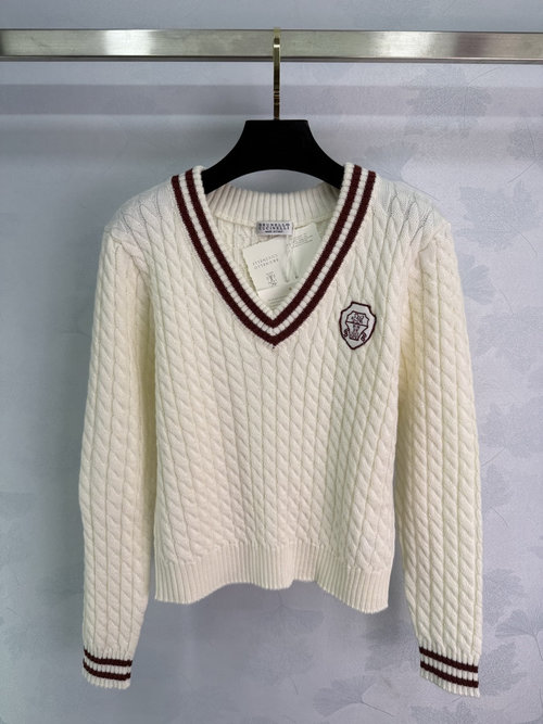 Brunello Cucinelli Custom Cotton Knit Sweater with Twisted Stripe and Logo Decoration