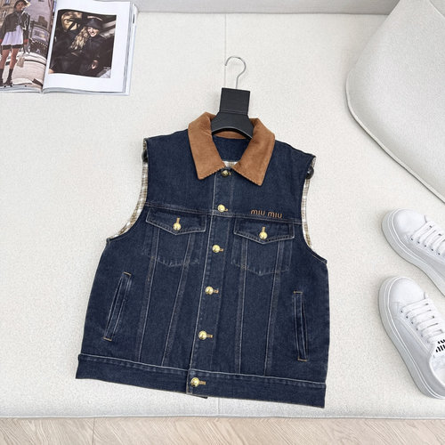 Versace Miu Style Collared Denim Cotton Vest