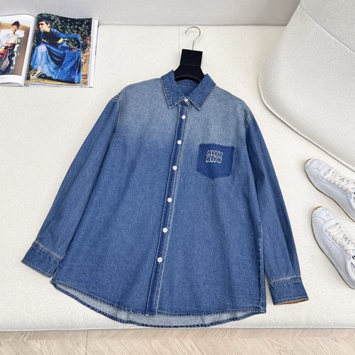 Miu Miu Letter Logo Embroidered Denim Shirt, Vintage Wash for Stylish Appearance