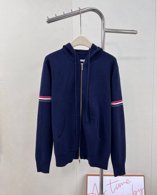 Thom Browne Versatile Double-Sleeve Badge Hooded Knit Cardigan Featuring Four-Bar Badge