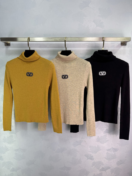 Valentino High Neck Knit Turtleneck with Iconic Letter Design and Vertical Ribbing