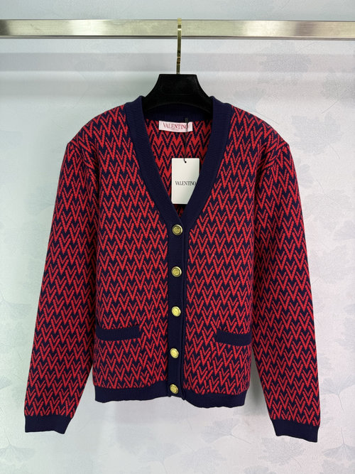 Valentino V-Neck Knitted Cardigan with Red-Blue Contrast V Pattern