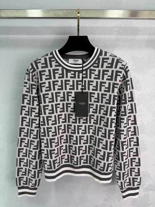 Fendi Letter Jacquard Knit Long-Sleeve Sweater with Elastic Cuffs