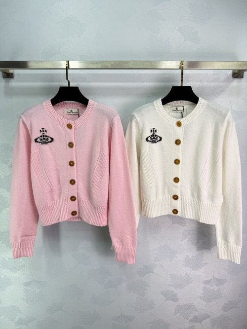 Vivienne Westhood Round Neck Cashmere Cardigan with Classic Saturn Embroidery