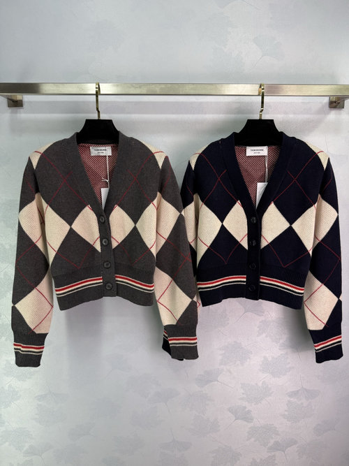 Thom Browne Rhombus V-neck Knit Cardigan with Red Trim for a Streamlined Silhouette