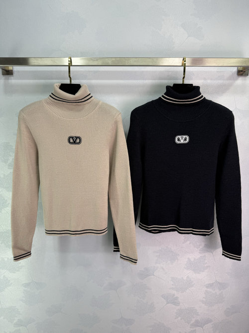 Valentino High-neck Knit Sweater with Vertical Ribbing and Logo Stitch