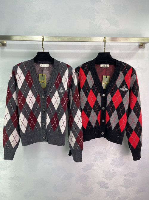 Vivienne Westhood Comfortable V - neck Wool Knit Cardigan with Rhombus Pattern and Saturn Embroidery