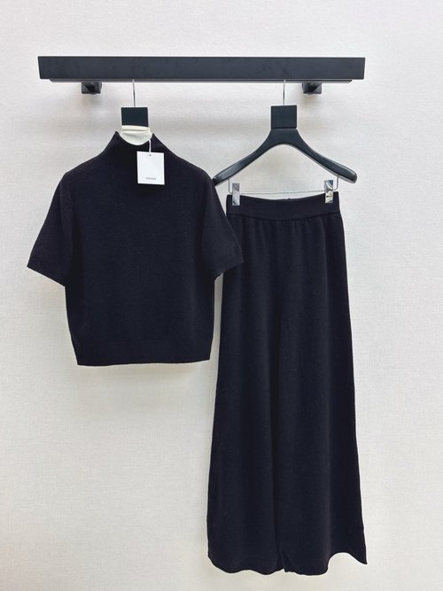 The Row Minimalist Wool Suit with High-Collar Sweater and Straight Pants