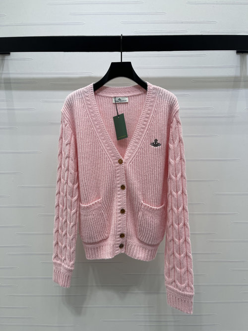 Vivienne Westhood Double Pocket V-Neck Knit Cardigan with Eye-Catching Embroidery, Thick Wool Blend