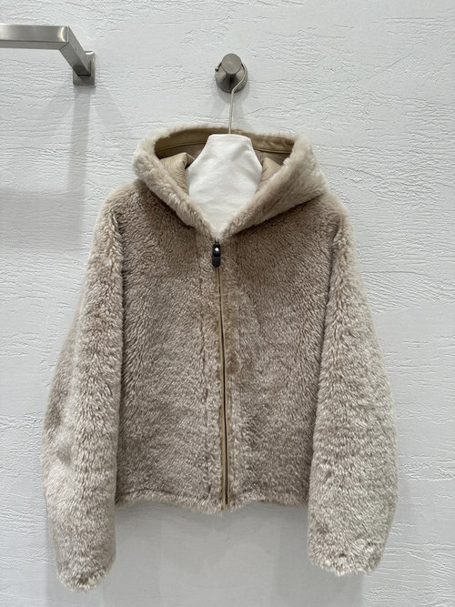 Loewe Exclusive Imported Merino Fur Coat with Stylish Hood in H-Shape