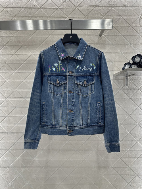 Celine Embroidered Flower Denim Jacket with Custom Fabric and Elegant Design