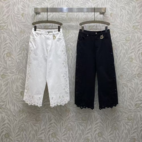Dior Denim Wide-Leg Trousers with Lace and Metal Decor