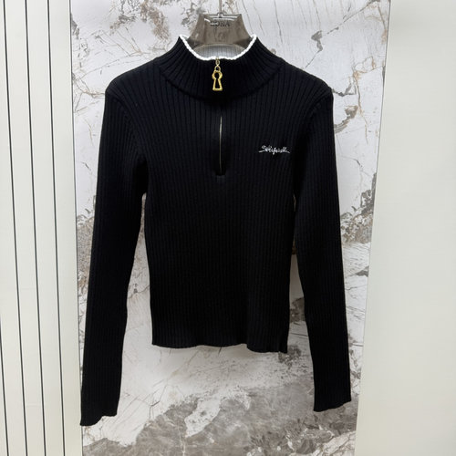 Schiaparelli Leaf Zipper Collar Side-Zip Sweater in Classic Black, Brown and White