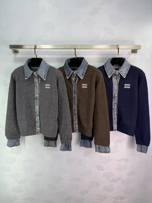 Miu Miu Denim Patchwork Sweater Coat, Comfortable Layered Design