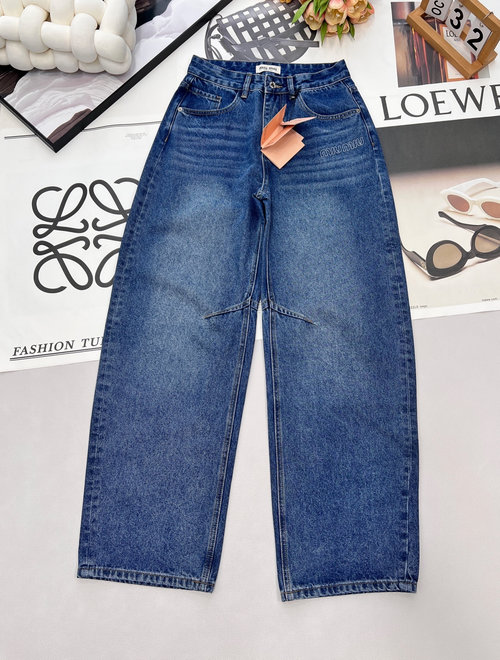 Miu Miu High-Waisted Wide-Leg Jeans with Letter Embroidery