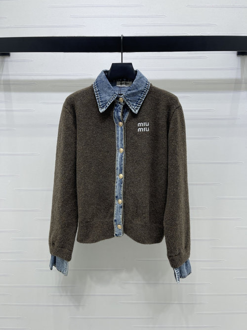 Miu Miu Fake Two-Piece Denim Polo Neck Cardigan with Metal Buttons