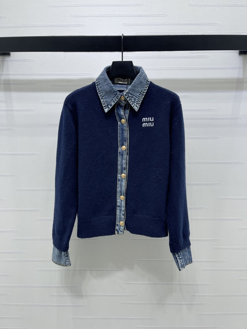 Miu Miu Fake Two-Piece Denim Polo Neck Cardigan with Metal Buttons