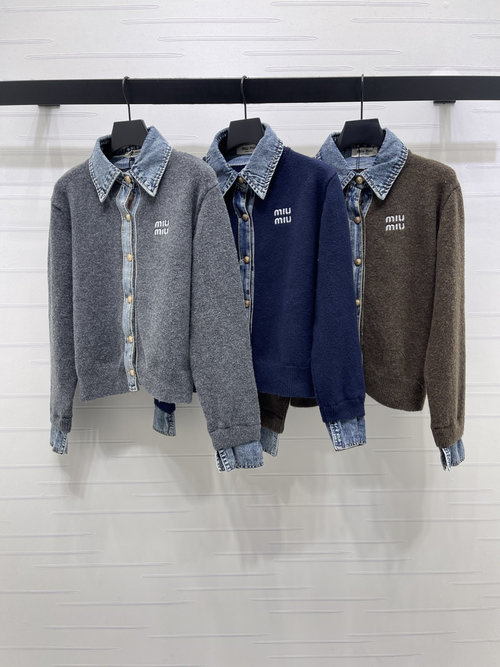 Miu Miu Fake Two-Piece Denim Polo Neck Cardigan with Metal Buttons