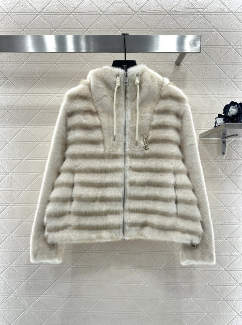 Yves Saint Laurent Custom Hooded Eco-Fur Coat with Metal Logo Brooch