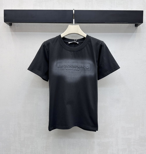 Alexander Wang Dyed Logo Round Neck Short Cotton T-Shirt with Ribbed Collar