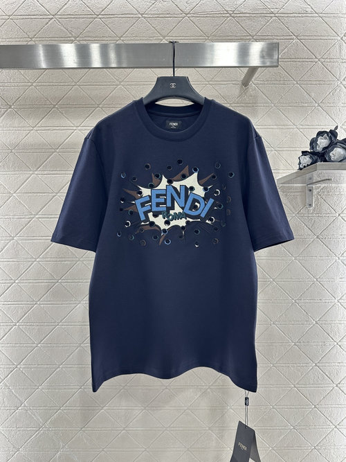 Fendi Round Neck Embroidered Hollow Logo Cotton T-Shirt, Loose and Stylish Design