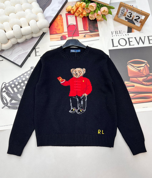 Polo Ralph Lauren Cotton Knit Sweater with Hand-Hooked Bear Pattern