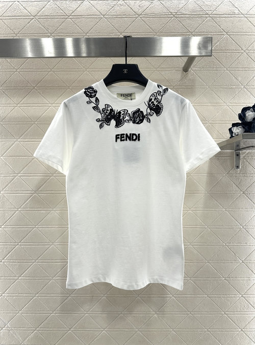 Fendi Customized YB Cotton T-Shirt with Embroidered and Beaded Logo, Classic Look