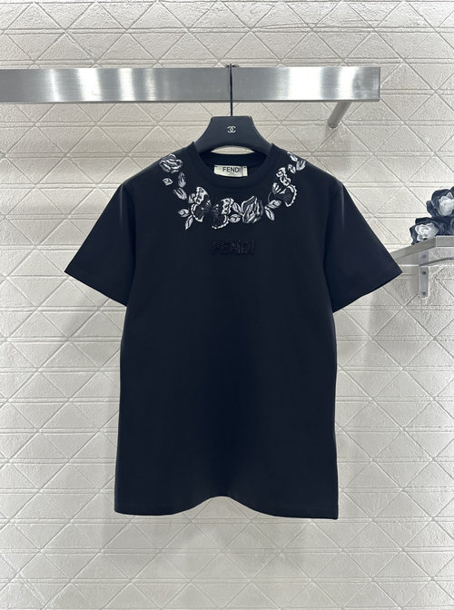 Fendi Customized YB Cotton T-Shirt with Embroidered and Beaded Logo, Classic Look