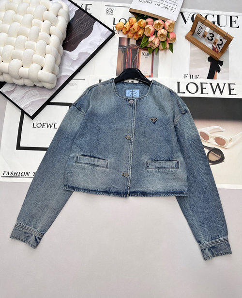 Prada Three - Button Triangle Logo Denim Cropped Jacket, Retro & Versatile