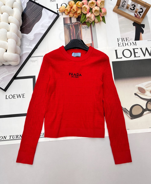 Prada Slim-Fit Knit Sweater with Red Letter Embroidery, Timeless Elegance
