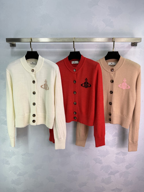 Vivienne Westhood Spring New Knitted Cardigan with Chest Logo Embroidery