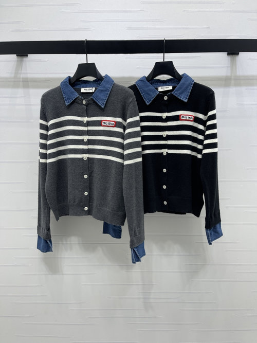 Miu Miu Denim-Striped Collared Knit Cardigan
